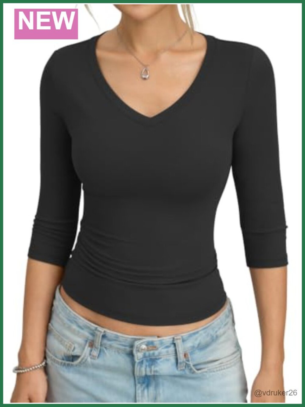 Womens 3/4 Length Sleeve V Neck Top Slim Fit T-Shirt Casual